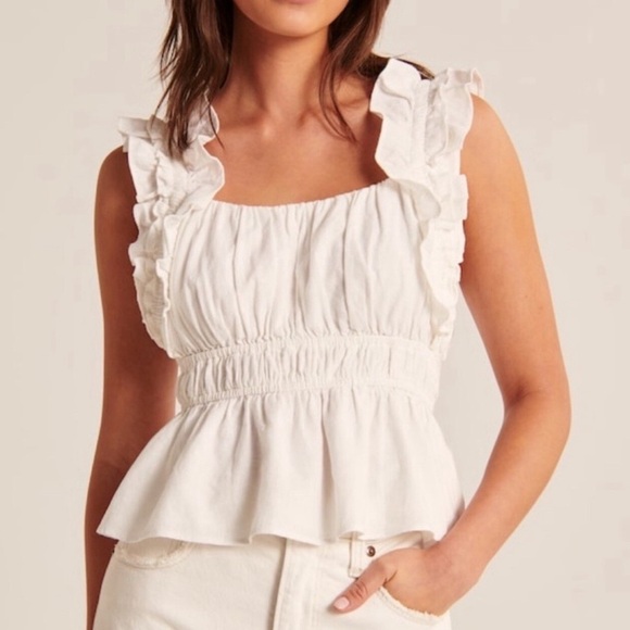 Abercrombie & Fitch Tops - Abercrombie & Fitch White Ruffled Linen Blend Peplum Blouse size extra large
